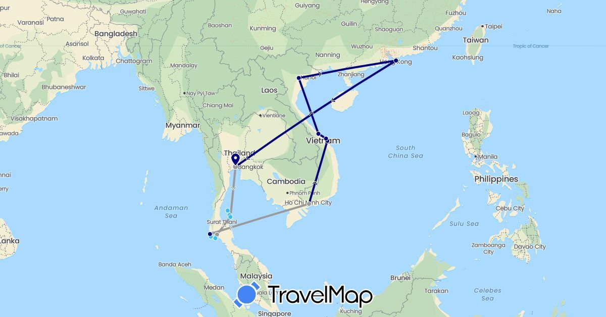 TravelMap itinerary: driving, plane, boat in China, Thailand, Vietnam (Asia)